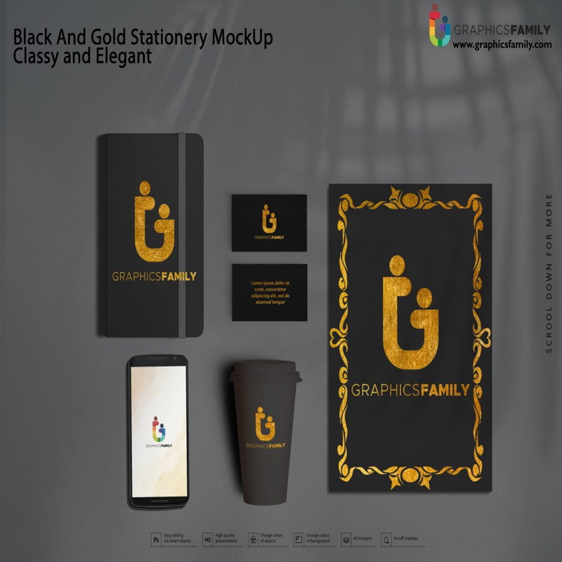 فایل ماک‌آپ لوازم التحریر مشکی و طلایی، شیک و زیبا - Black And Gold Stationery MockUp Classy and Elegant