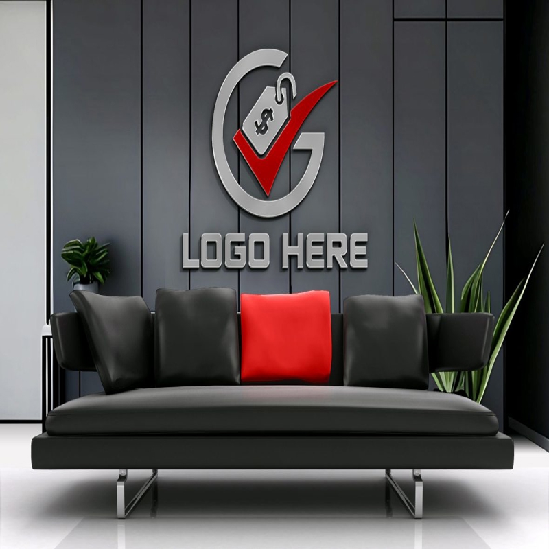 فایل موکاپ لوگو دیوار مشکی به همراه مبل مشکی - Black Wall Logo Mockup with Black Sofa