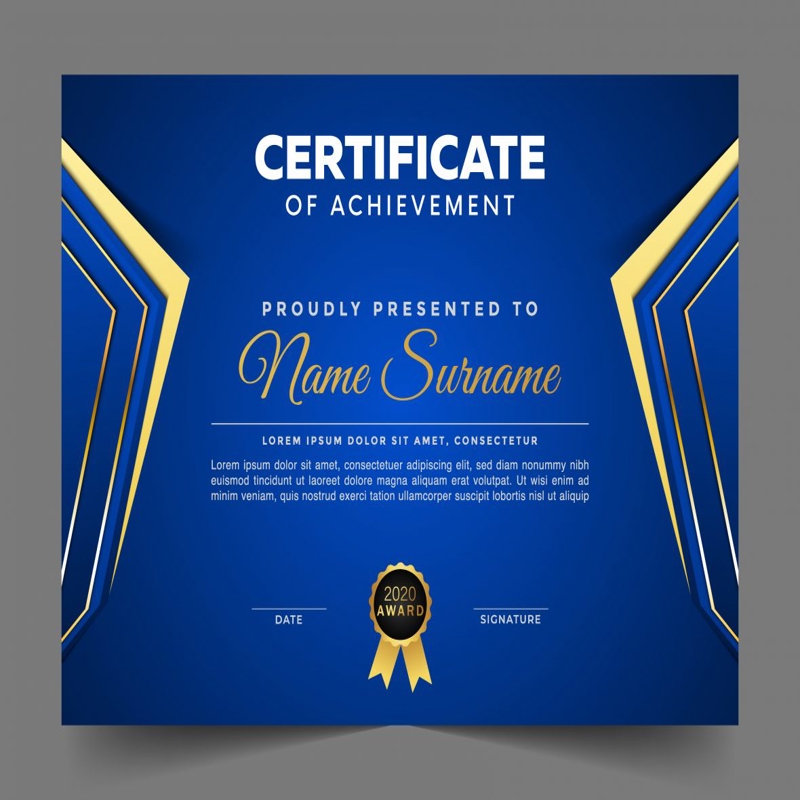 فایل گواهی آبی و طلایی با الگوی نشان - Blue and Gold Certificate with Badge Template