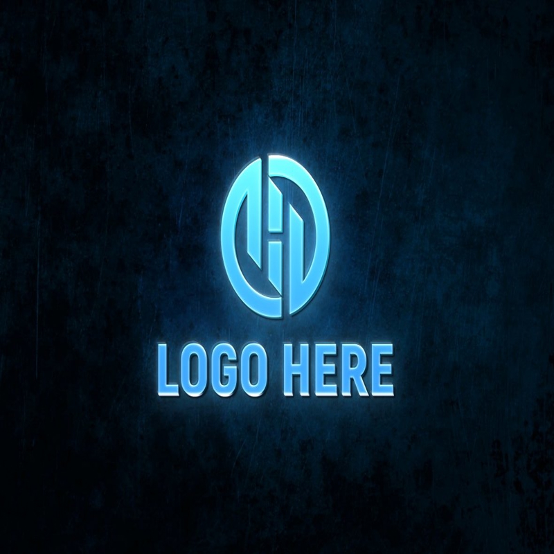 فایل موکاپ لوگو با افکت نور آبی روی دیوار مشکی - Blue light effects logo mockup on black wall