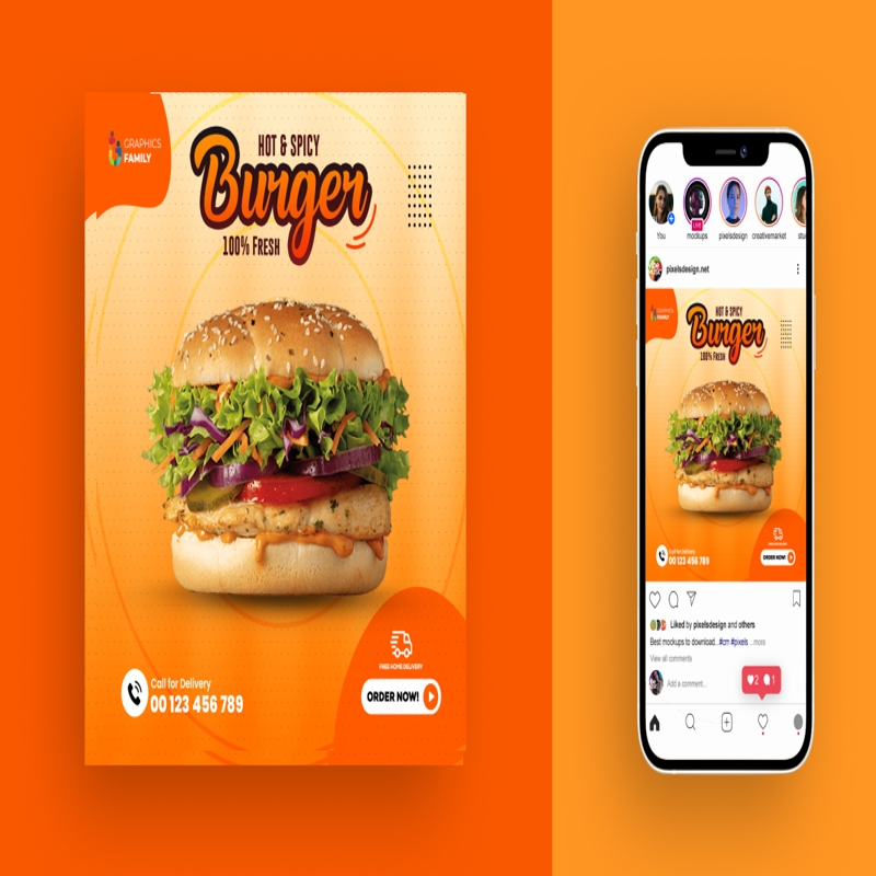 فایل قالب بنر پست اینستاگرام برای تحویل فست فود برگرها در شبکه‌های اجتماعی - Burgers Fast Food Delivery Social Media Instagram Post Banner Template