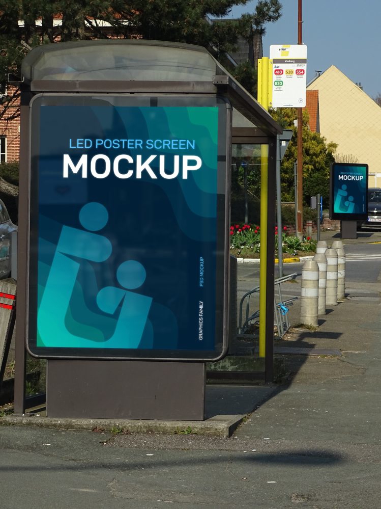 فایل موکاپ صفحه نمایش پوستر LED ایستگاه اتوبوس - Bus Stop LED Poster Screen Mockup