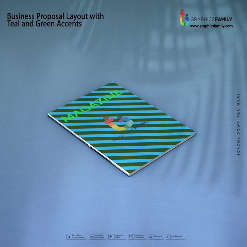 فایل طرح پیشنهادی کسب و کار با رنگ‌های فیروزه‌ای و سبز - Business Proposal Layout with Teal and Green Accents