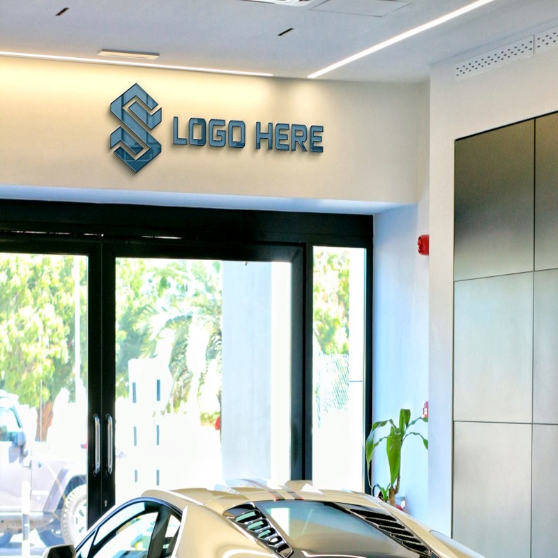 فایل موکاپ لوگو نمایشگاه خودرو با افکت‌های شیشه‌ای - Car Showroom Logo Mockup With Glass Effects