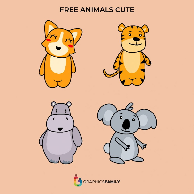 فایل تصویر برداری گربه، اسب آبی، خرس کوآلا و ببر - Cat, Hippo, Koala Bear and Tiger Vector Illustration