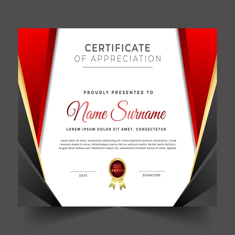 فایل طراحی قالب تقدیرنامه با تم قرمز لوکس - Certificate of appreciation luxury red theme template design