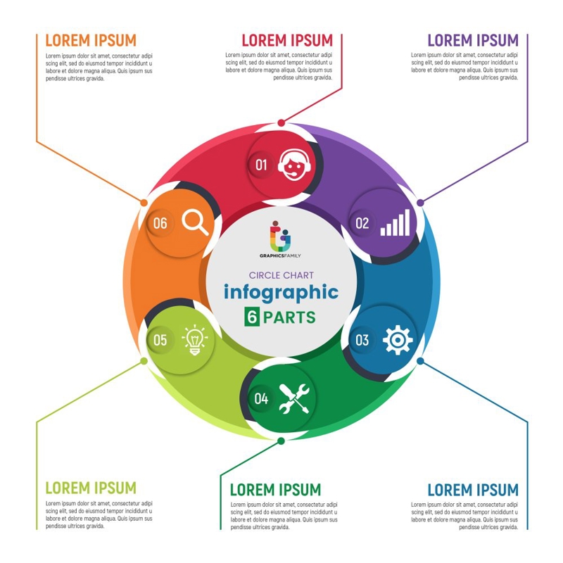 فایل قالب اینفوگرافیک نمودار دایره‌ای با تصویر برداری 6 قسمتی - Circle chart infographic template with 6 parts vector image