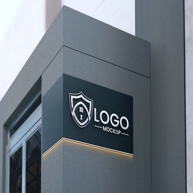 فایل موکاپ لوگوی سه بعدی خلاقانه روی دیوار ساختمان تجاری - Creative 3D Logo Mockup on Business Building Wall