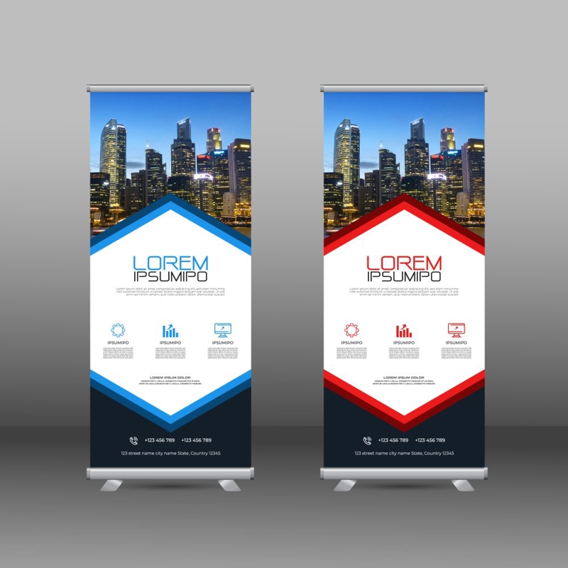 فایل طرح بنر رول‌آپ خلاقانه آبی و قرمز - Creative blue and red rollup standee banner design