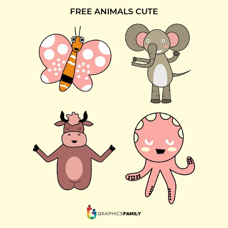 فایل وکتورهای پروانه، فیل، گاو و اختاپوس بامزه - Cute Butterfly, Elephant, Cow and Octupus Vectors