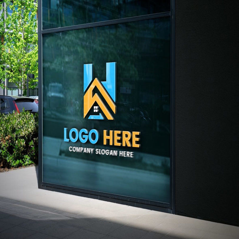 فایل موکاپ لوگوی سه بعدی ساختمان اداری شیشه‌ای قابل ویرایش - Editable Out-Of-Glass Office Building 3D Logo Mockup