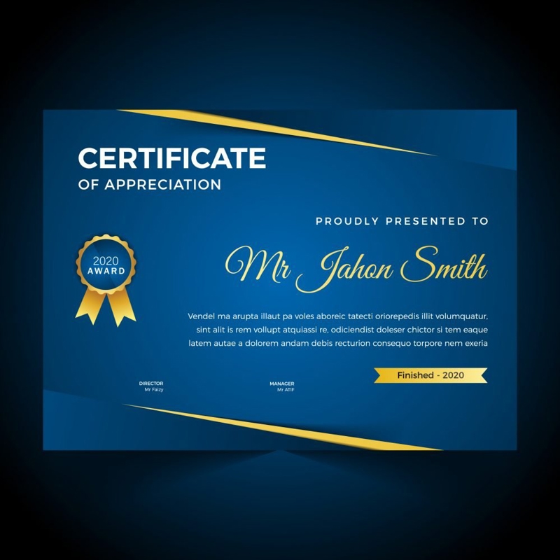 فایل الگوی گواهی دیپلم آبی و طلایی زیبا - Elegant blue and gold diploma certificate template