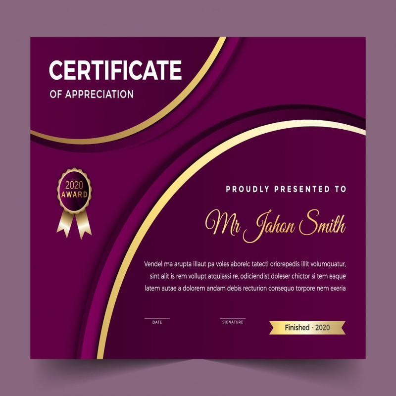 فایل الگوی گواهی دیپلم بنفش زیبا - Elegant Purple Diploma Certificate Template
