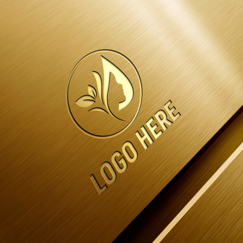فایل موکاپ لوگوی سه بعدی برجسته روی پنل فلزی به سبک طلایی - Embossed 3D logo mockup on metal panel gold style