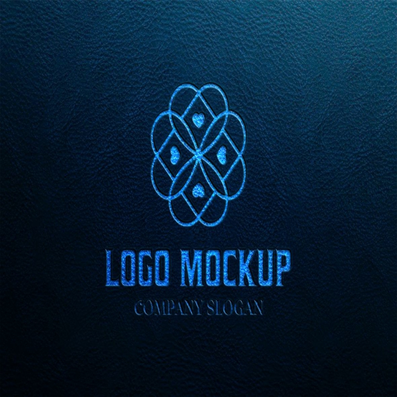 فایل موکاپ لوگو مهر برجسته روی زمینه چرم آبی تیره - Embossed Stamping Logo Mockup on Dark Blue Leather Background