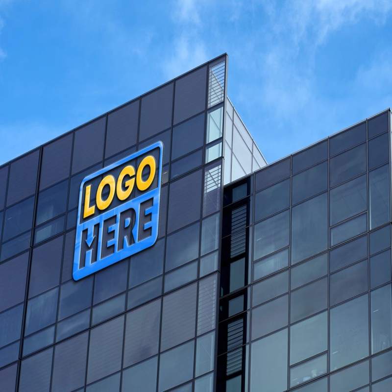 فایل موکاپ لوگوی سه بعدی ساختمان تجاری معروف با فناوری پیشرفته - Famous Hi-Tech Business Building 3D Logo mockup