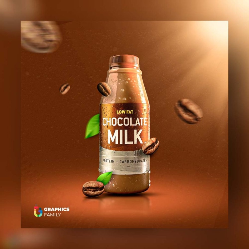 فایل شیر شکلات تازه در یک بطری شیشه‌ای با طرح ماکت برچسب - Fresh chocolate milk in a glass bottle with a label mockup design