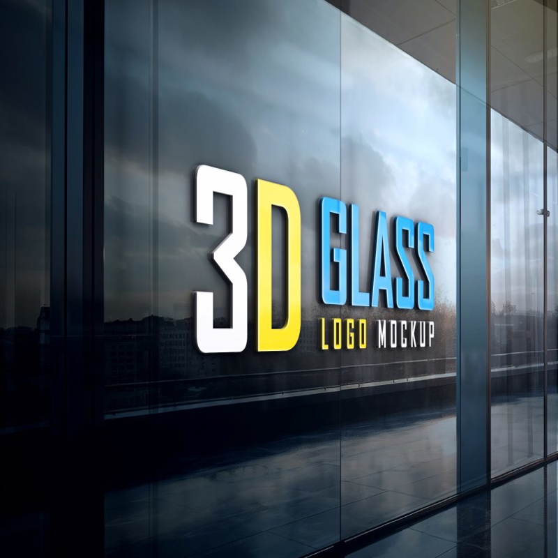 فایل موکاپ لوگو سه بعدی دیوار شیشه ای - Glass Wall 3D Logo Mockup