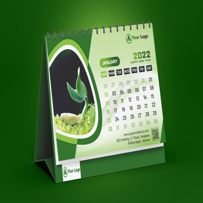 فایل طراحی تقویم رومیزی سبز - Green Desk Calendar Design