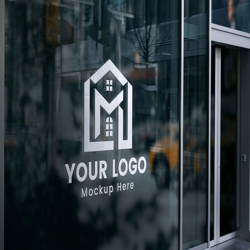 فایل موکاپ لوگوی سه بعدی پنجره شیشه‌ای PSD با کیفیت بالا - High-Quality PSD 3D Glass Window Logo Mockup