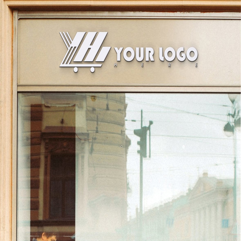 فایل موکاپ لوگو روی ویترین شیشه ای فروشگاه - Logo Mockup on Realistic Glass Window Shop