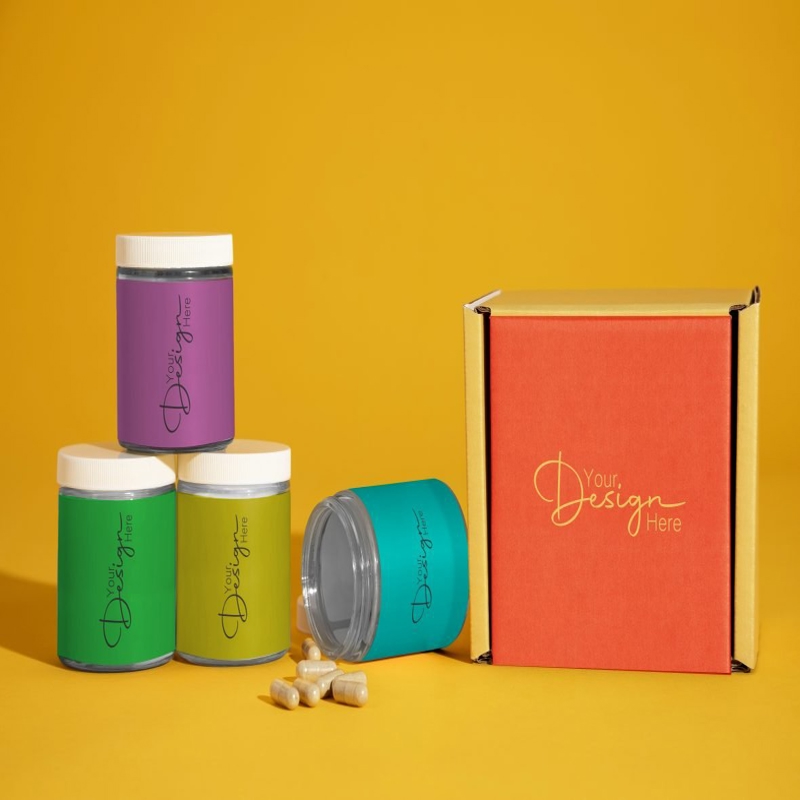 فایل موکاپ طرح جعبه و مجموعه شیشه دارو - Medicine jar set with box design mockup