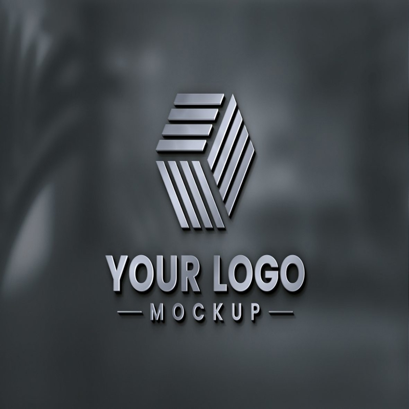 فایل موکاپ لوگوی سه بعدی با روکش فلزی روی دیوار شیشه ای تیره - Metal Finish 3D Logo Mockup On Dark Glass Wall