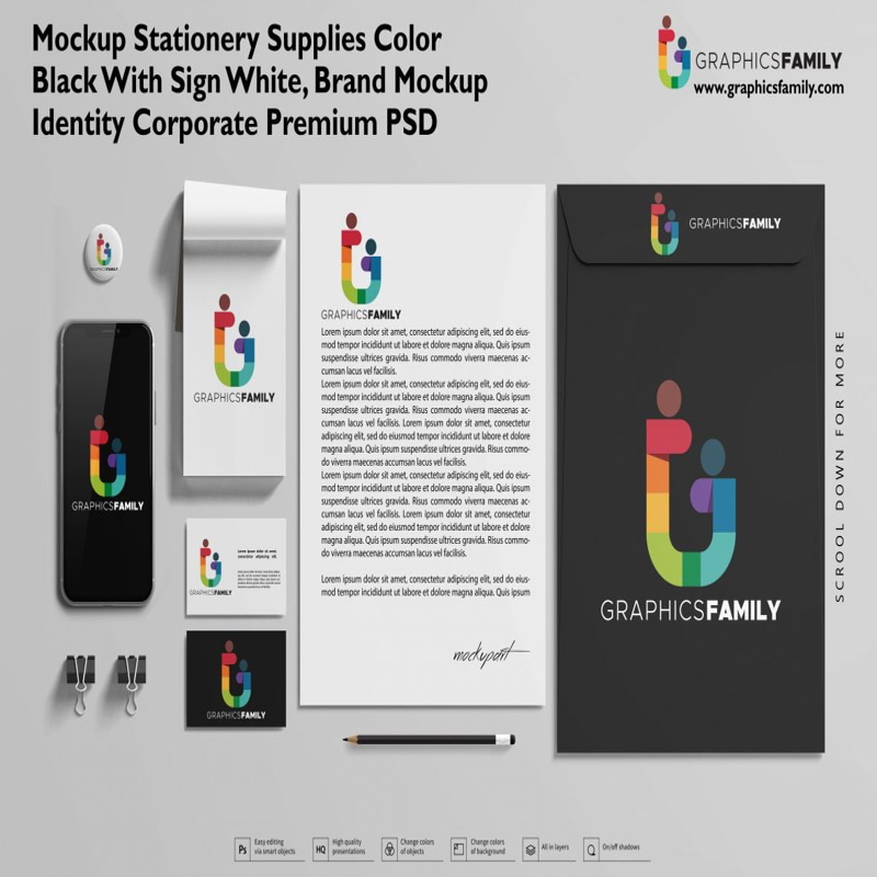 فایل ماکت لوازم التحریر رنگی مشکی با تابلو سفید، ماکت هویت برند شرکتی پریمیوم PSD - Mockup stationery supplies color Black with sign white, brand mockup identity corporate Premium PSD