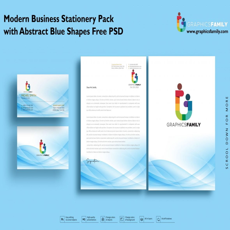 فایل بسته لوازم التحریر تجاری مدرن با اشکال آبی انتزاعی PSD - Modern Business Stationery Pack with Abstract Blue Shapes Psd