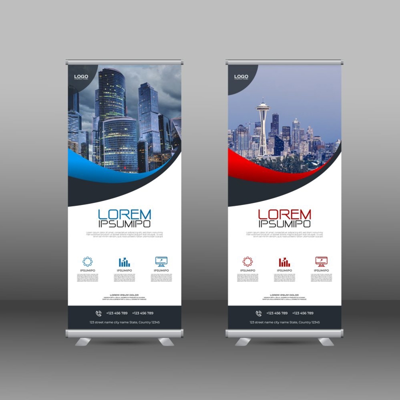 فایل بنر رول‌آپ مدرن شرکتی با رنگ‌های آبی و قرمز - Modern company rollup banner in blue and red color