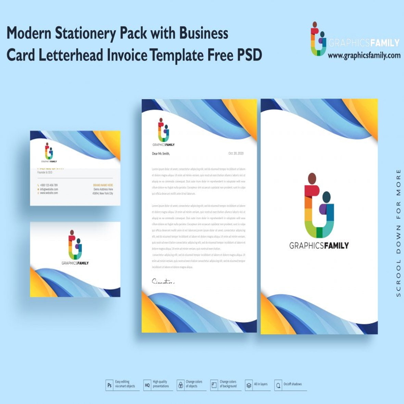 فایل بسته لوازم التحریر مدرن به همراه کارت ویزیت، سربرگ، قالب فاکتور، PSD - Modern Stationery Pack with Business Card Letterhead Invoice Template Psd