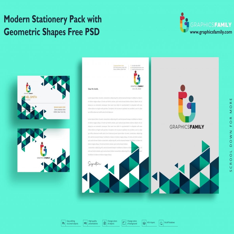 فایل بسته لوازم التحریر مدرن با اشکال هندسی Psd - Modern Stationery Pack with Geometric Shapes Psd