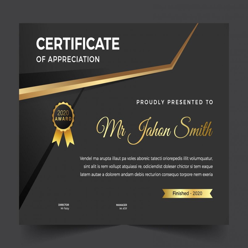 فایل قالب گواهی چند منظوره با طرح تم طلایی تیره - Multipurpose certificate template in dark golden theme design