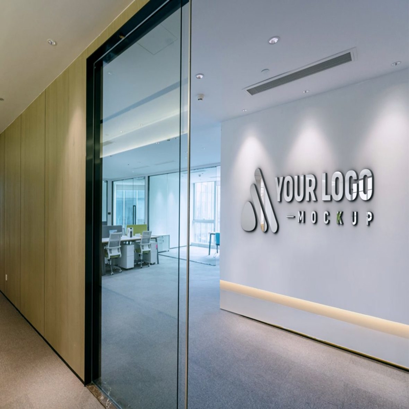 فایل موکاپ لوگوی سه بعدی شیشه ای پس زمینه اداری - Office Background 3D Glass Logo Mockup