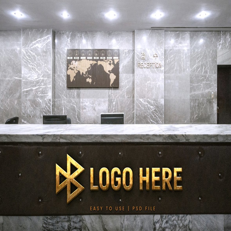 فایل موکاپ لوگو سه بعدی پذیرش دفتر - Office Reception 3D Logo Mockup