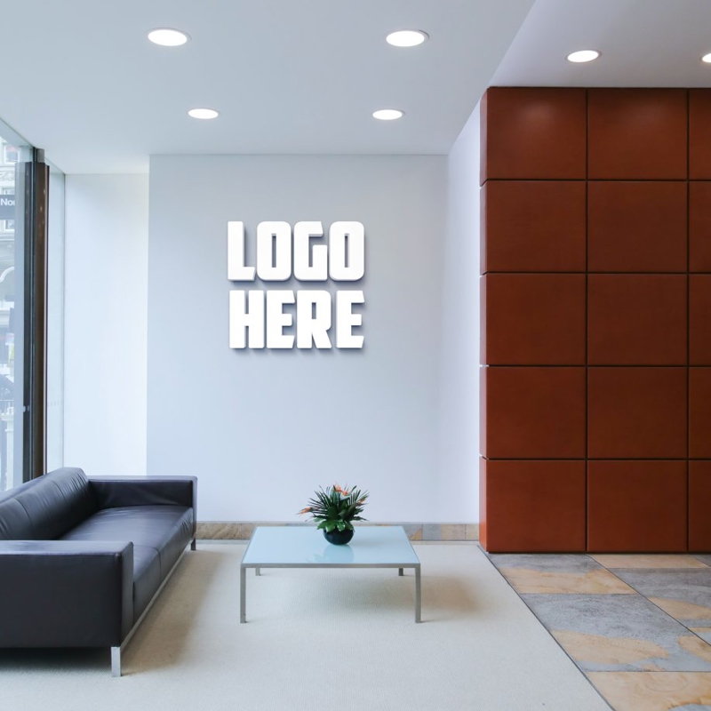 Office Room Logo Mockup  with White 3D Wall Logo - Office Room Logo Mockup  with White 3D Wall Logo