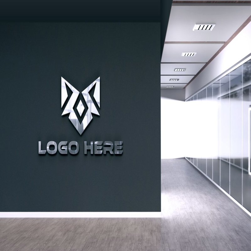 فایل موکاپ لوگوی سه بعدی نقره‌ای دیوار دفتر - Office Wall 3D Silver Logo Mockup