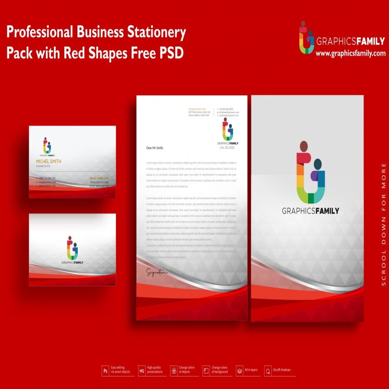 فایل دانلود بسته لوازم التحریر تجاری حرفه ای با اشکال قرمز (PSD) - Professional Business Stationery Pack with Red Shapes Psd Download