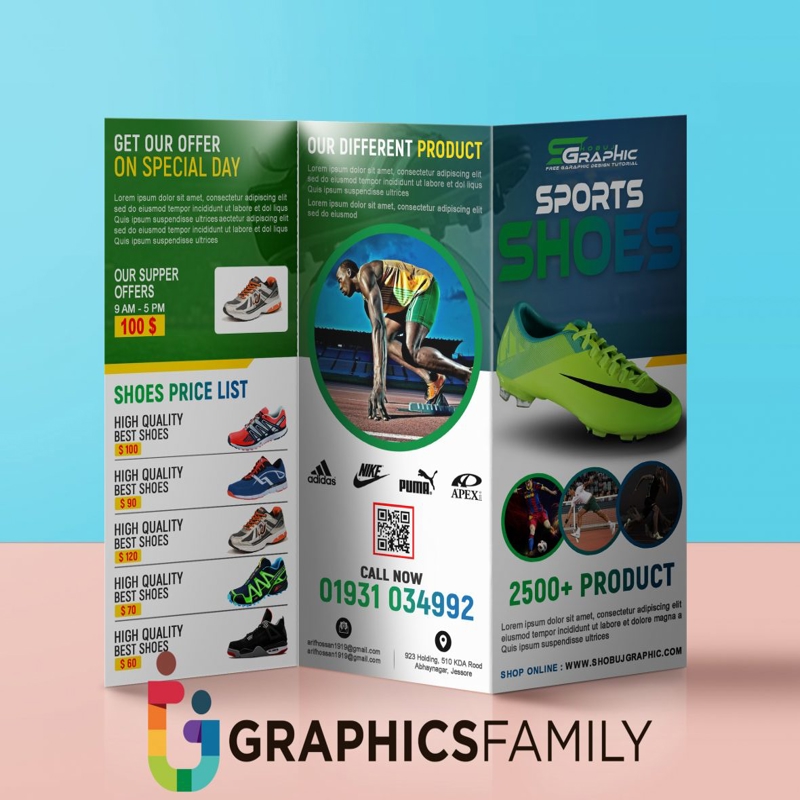 فایل طراحی بروشور سه لت کفش ورزشی حرفه ای - Professional Sport Shoes Tri-Fold Brochure Design