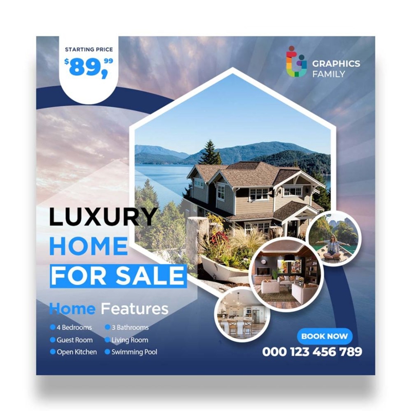 فایل بنر پست شبکه های اجتماعی املاک و مستغلات خانه لوکس برای فروش - Real Estate Luxury Home For Sale Social Media Post Template Banner
