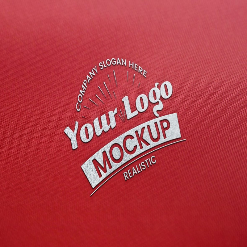 فایل موکاپ لوگو واقع‌گرایانه روی بافت پارچه قرمز - Realistic Logo Mockup on Red Fabric Texture