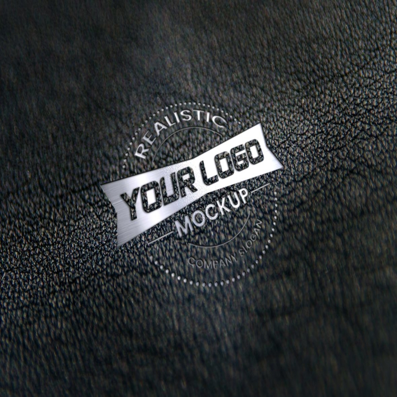 فایل موکاپ لوگوی نقره‌ای واقع‌گرایانه روی چرم مشکی - Realistic silver logo mockup on black leather