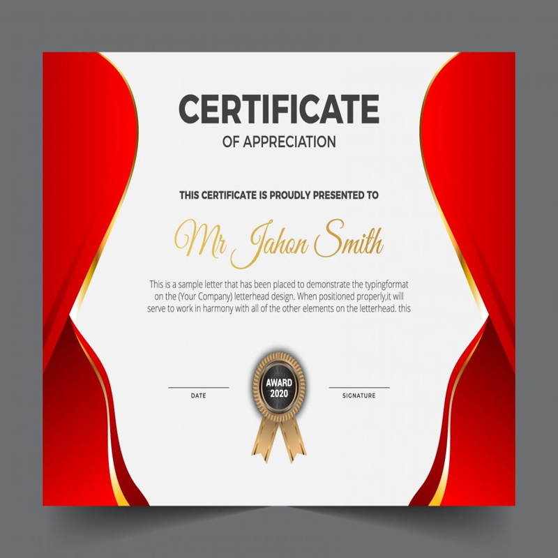 فایل گواهی نامه ظریف قرمز و سفید با پس زمینه الگوی موفقیت - Red and white elegant certificate of achievement template background