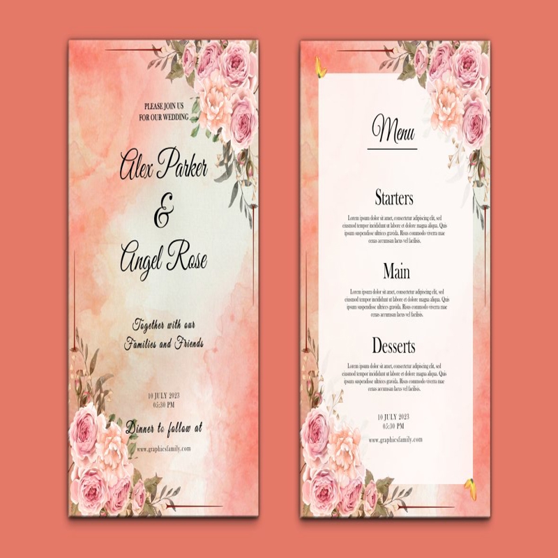 فایل الگوی دعوت عروسی آبرنگی رمانتیک و منو - Romantic watercolor wedding invitation and menu template