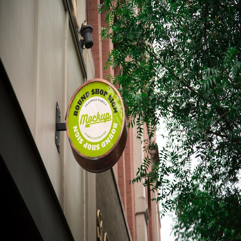 فایل ماکت طرح تابلوی فروشگاه گرد - Round Shop Sign Design Mockup