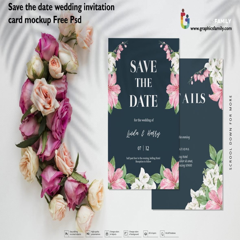 فایل طرح لایه باز کارت دعوت عروسی PSD - Save the date wedding invitation card mockup PSD
