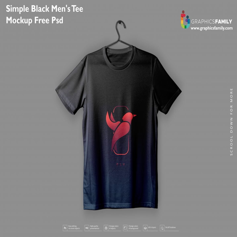 فایل طرح لایه باز تیشرت مردانه مشکی ساده PSD - Simple Black Men Tee Mockup PSD