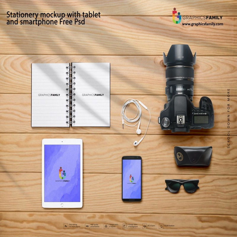 فایل ماکت لوازم التحریر با تبلت و گوشی هوشمند (PSD) - Stationery mockup with tablet and smartphone Psd