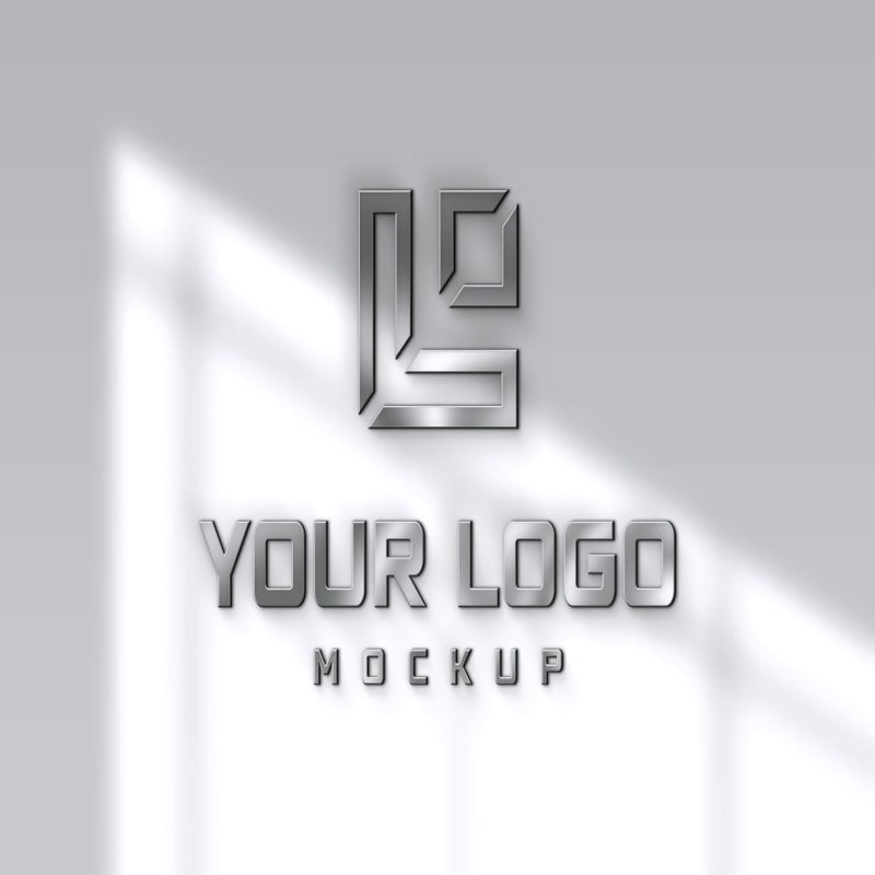 فایل موکاپ لوگوی سه بعدی با بافت فولادی روی دیوار مدرن - Steel texture 3d logo mockup on modern wall