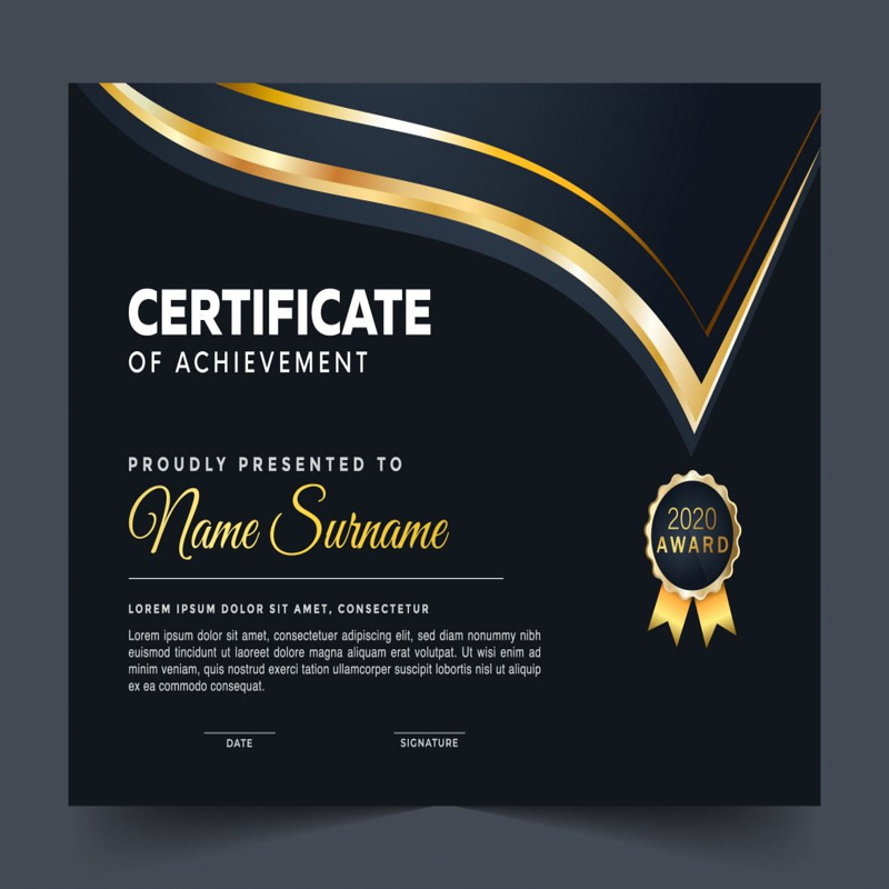 فایل طراحی قالب گواهینامه شیک با تم طلایی - Stylish certificate template design in golden theme